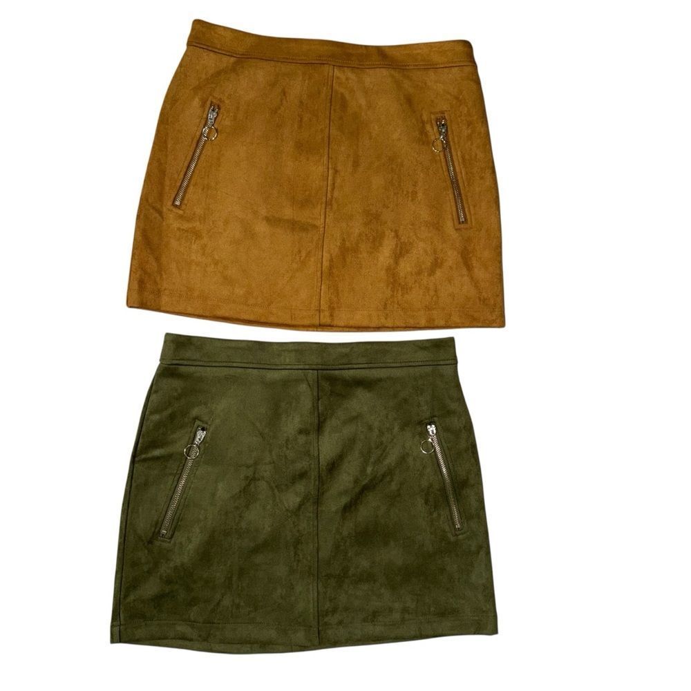NWT BUNDLE Forever 21 Suede Mini Skirt Caramel Brown & Olive Green Boho size L - Picture 2 of 11
